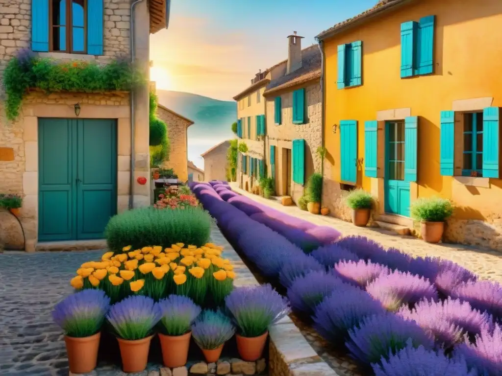 Pintura acuarela serena de una encantadora calle empedrada en la región Provenza de Francia, con campos de lavanda y un café francés acogedor