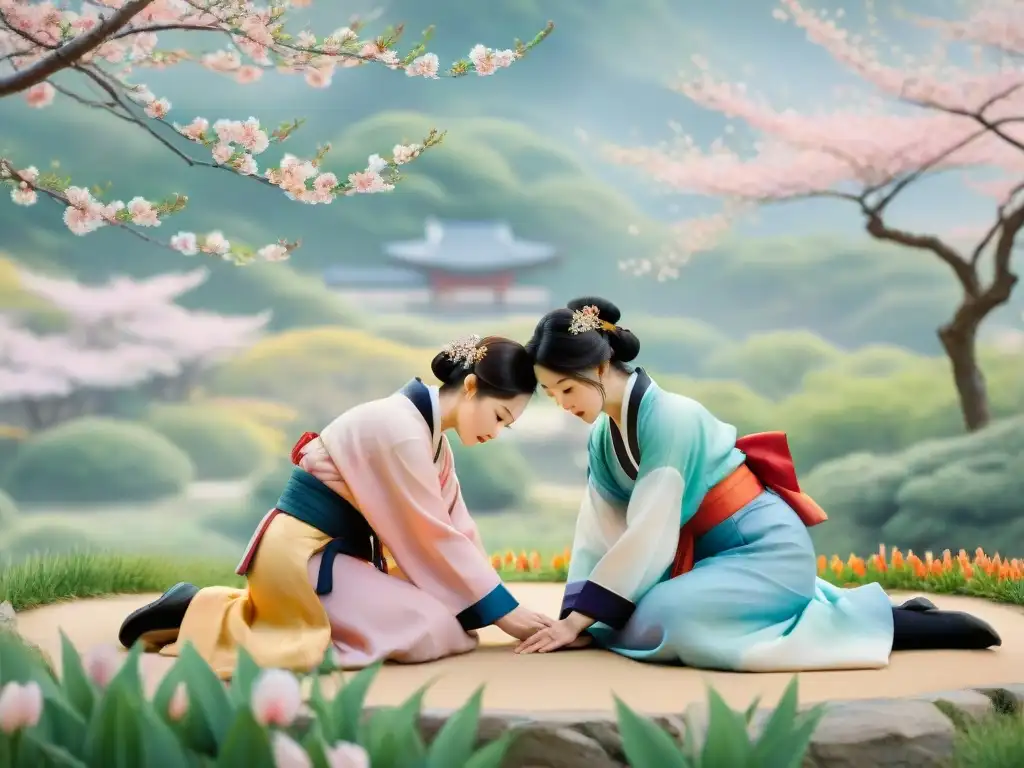 Pintura acuarela serena de figuras en hanbok y kimono, simbolizando armonía y culturas