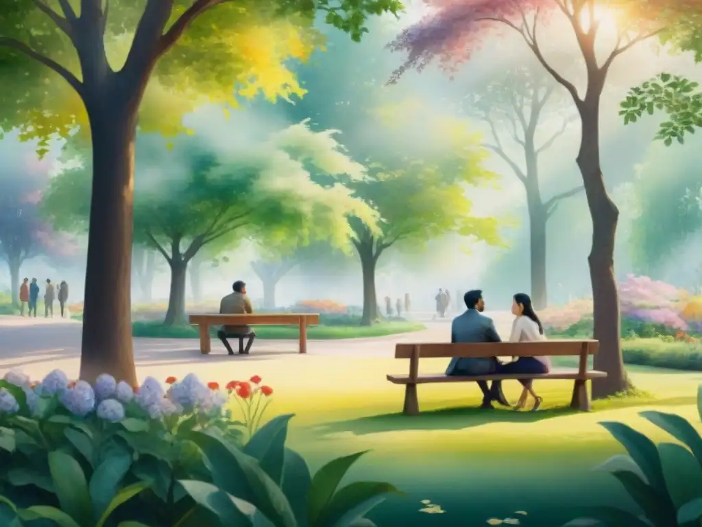 Una pintura acuarela serena muestra un grupo diverso conversando en un parque, resaltando la belleza de la diversidad lingüística