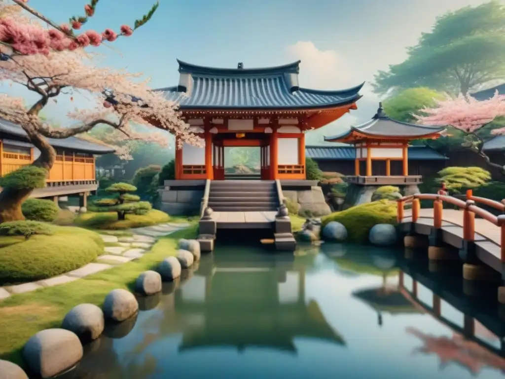 Pintura acuarela serena de jardín japonés con cerezos en flor, estanque de carpas koi y puente de madera