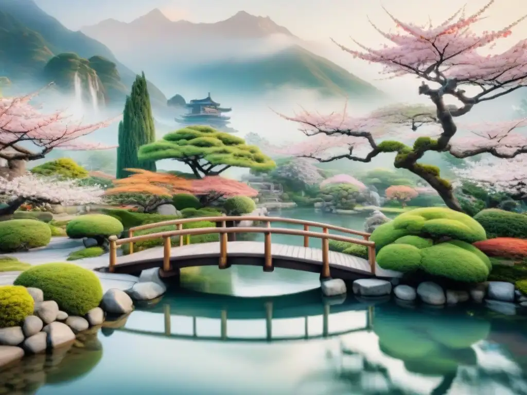 Pintura acuarela serena de jardín japonés con cerezos en flor y puente de madera sobre estanque de carpas koi, evocando belleza natural