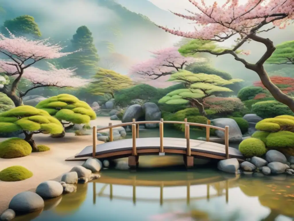 Pintura acuarela serena de jardín Zen japonés con puente de madera y árboles de cerezo en flor