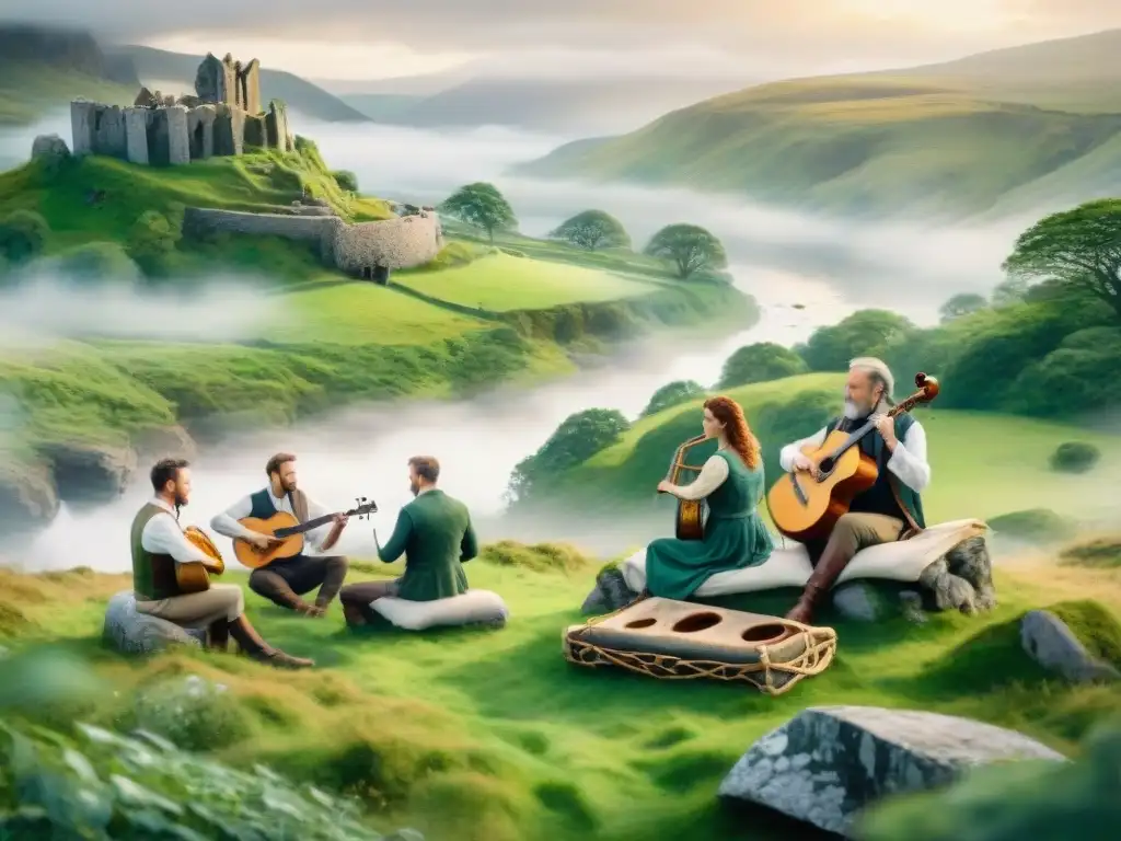 Pintura acuarela serena de paisaje celta verde con músicos tocando instrumentos tradicionales, evocando el patrimonio cultural música celta Europa