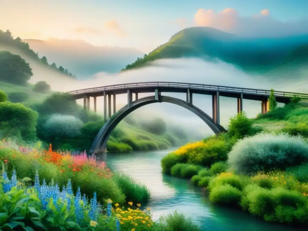 Pintura acuarela serena de un puente arqueado sobre un río tranquilo, rodeado de vegetación y flores silvestres