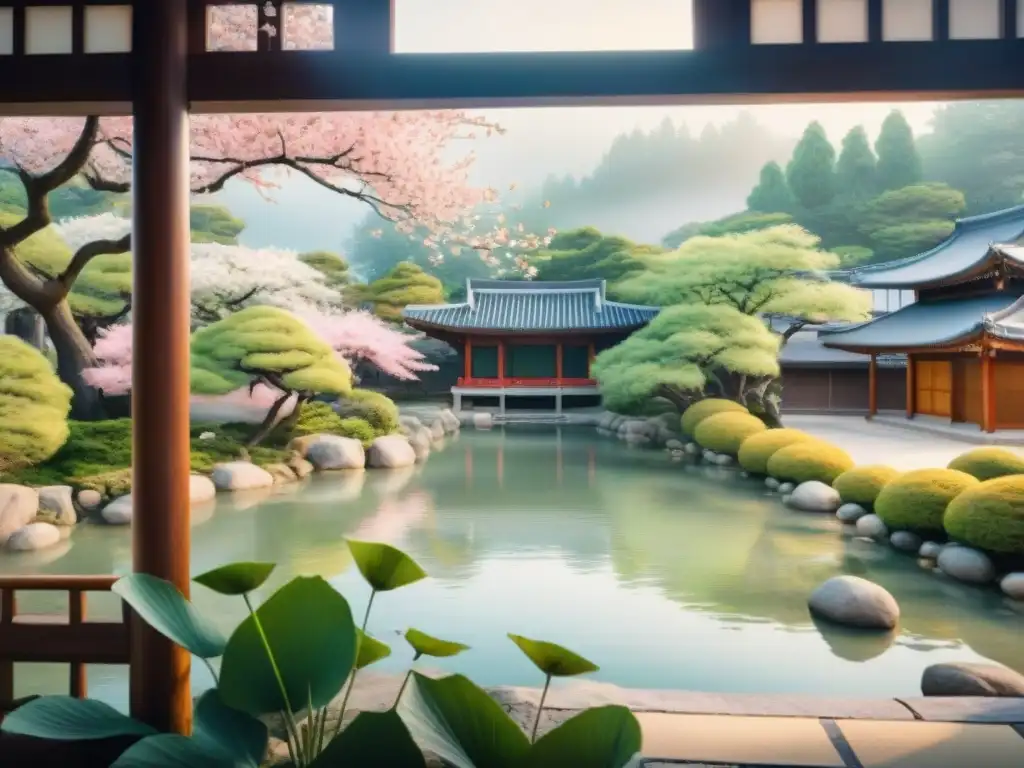 Pintura acuarela de jardín japonés y hanok coreano Pintura acuarela de jardín japonés sereno con sakuras y casa coreana tradicional, río con lotos