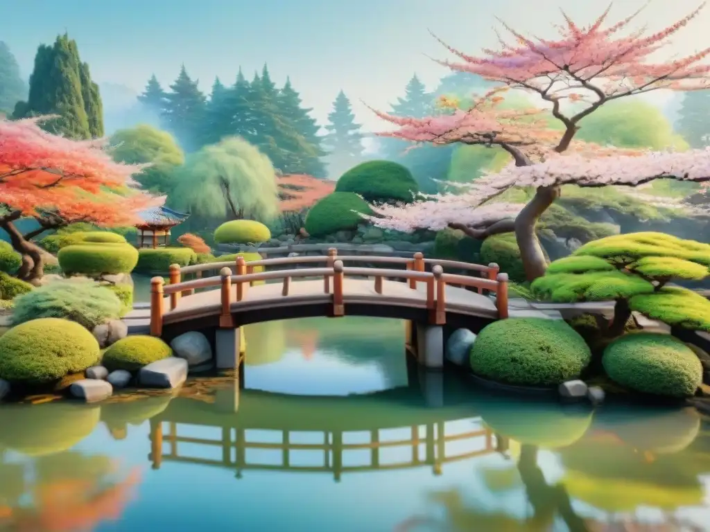 Pintura acuarela de jardín japonés sereno con cerezos en flor, puente de madera sobre estanque de peces koi y pagoda entre vegetación exuberante