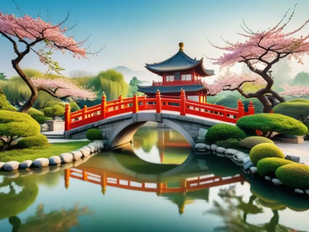 Pintura acuarela de un sereno jardín chino con cerezos en flor, puente rojo y pagoda al fondo