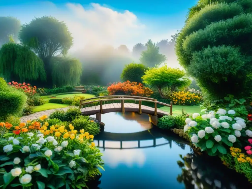 Pintura acuarela de un jardín sereno con flores vibrantes, estanque y puente de madera