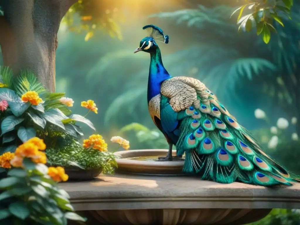 Pintura acuarela de jardín sereno con flores vibrantes, pavo real majestuoso y riqueza lingüística y cultural sánscrito