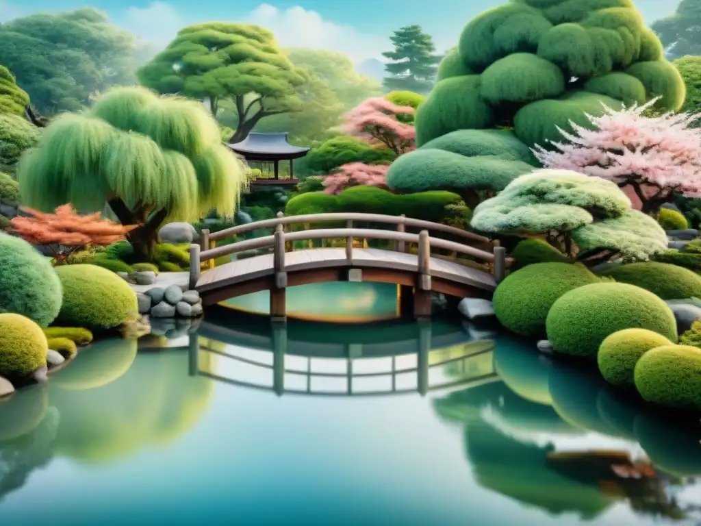 Pintura acuarela de un sereno jardín japonés con cerezos en flor, puente de madera y pagoda entre exuberante vegetación