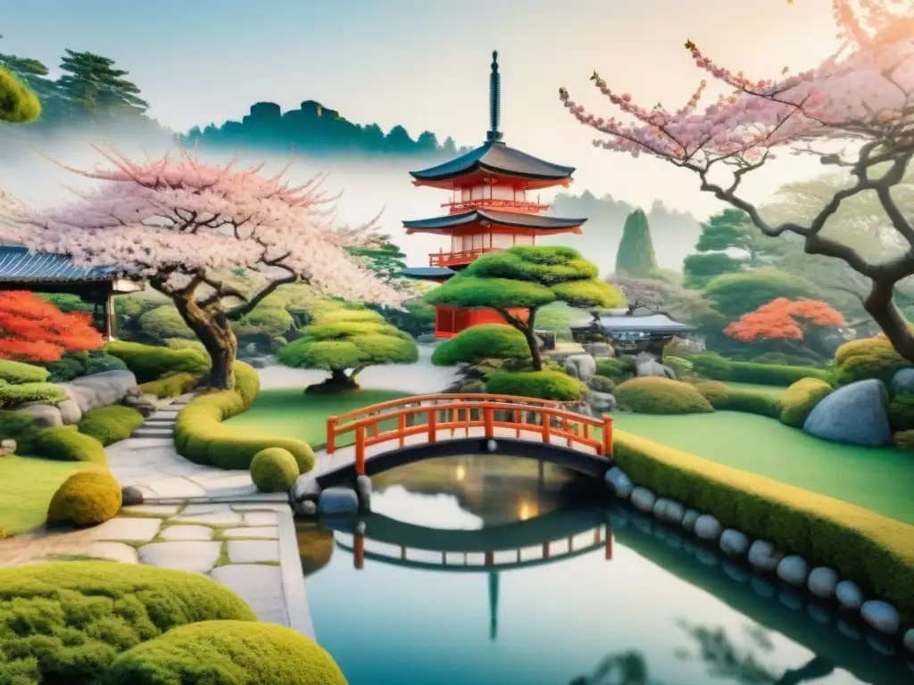 Pintura acuarela de un sereno jardín japonés con flores de cerezo y un pagoda tradicional