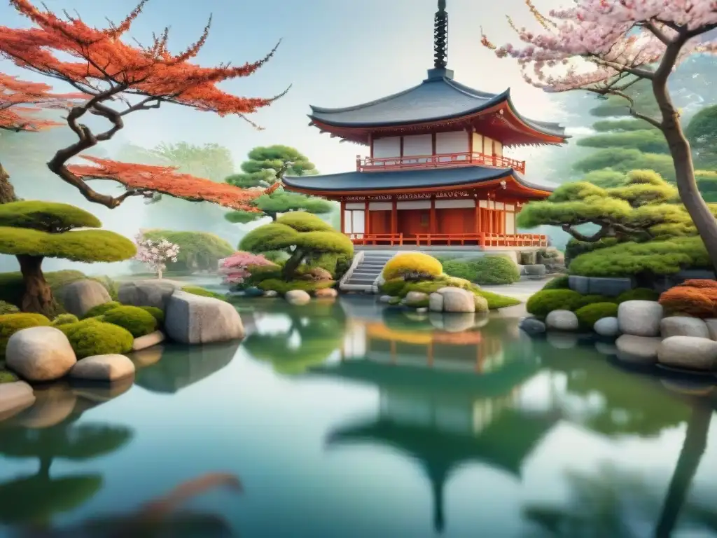 Pintura acuarela: Jardín japonés con cerezos en flor y estanque de carpas Pintura acuarela de un sereno jardín japonés con flores de cerezo, pagoda y estanque de peces koi, reflejando colores vibrantes