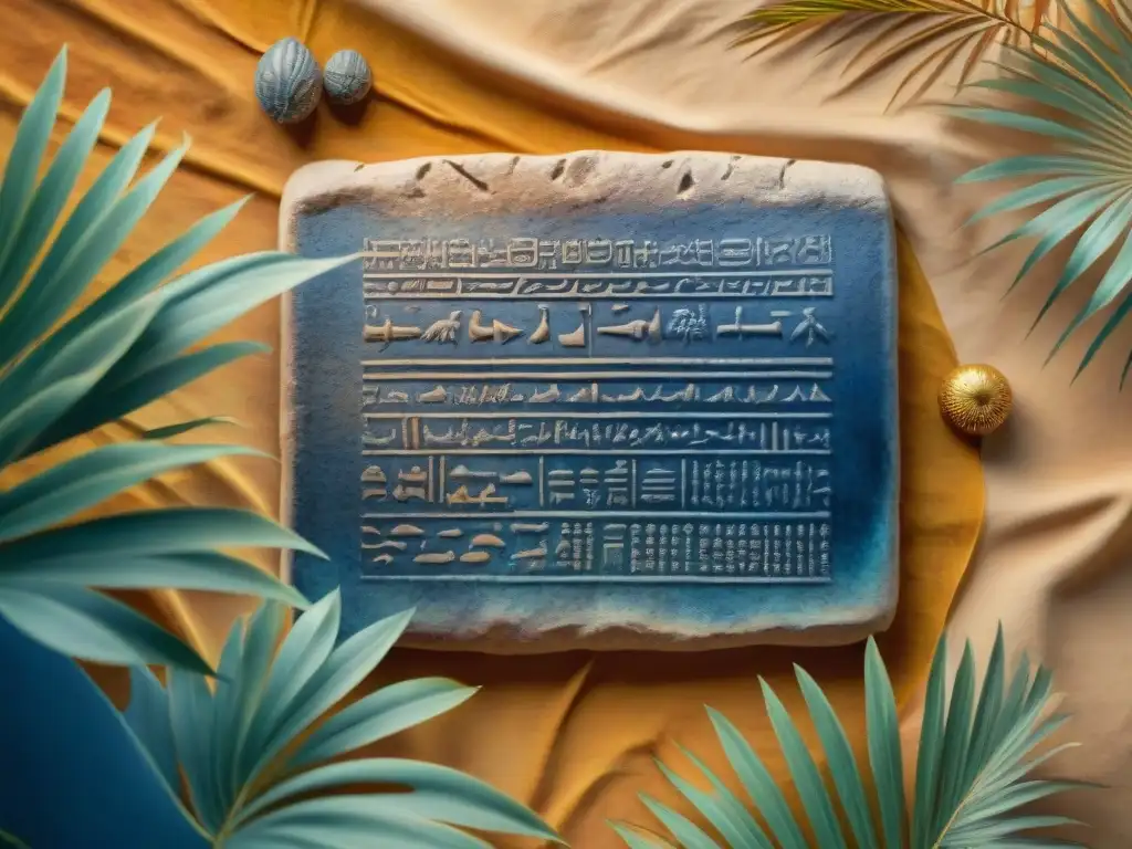 Pintura acuarela de tablilla sumeria con cuneiforme en paisaje mesopotámico