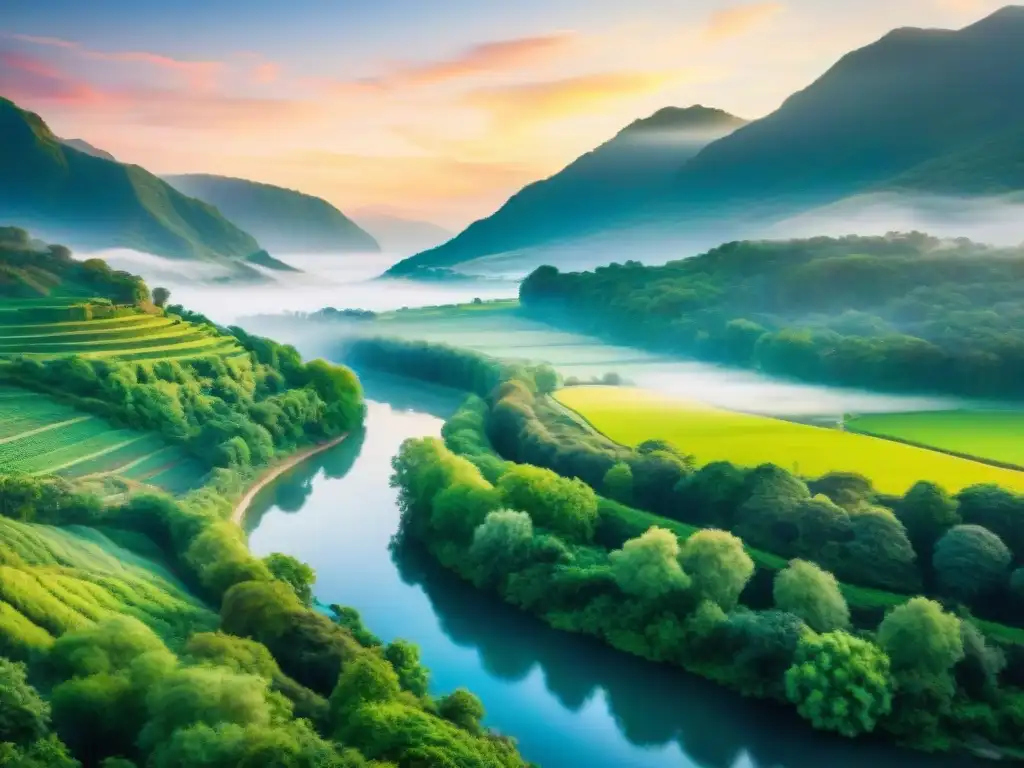 Pintura tranquila de paisaje sereno con río en verde exuberante, reflejando colores del atardecer