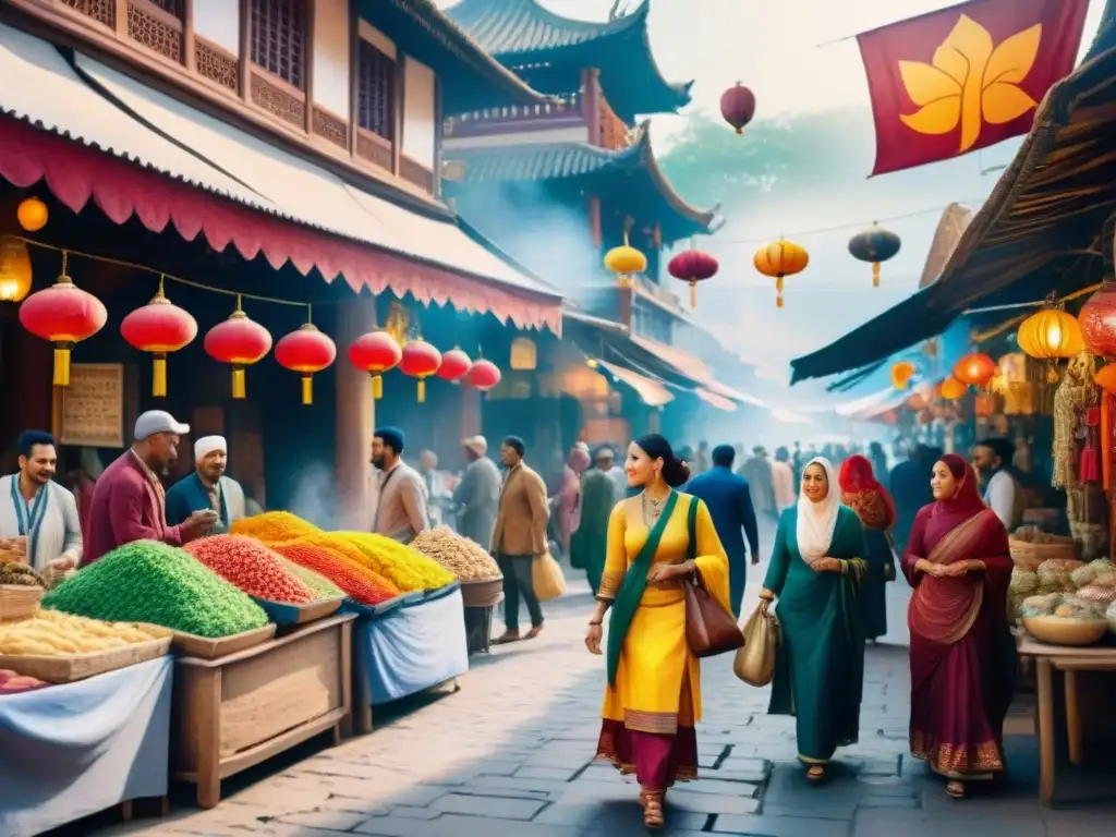 Pintura acuarela vibrante de un bullicioso mercado en una ciudad culturalmente diversa