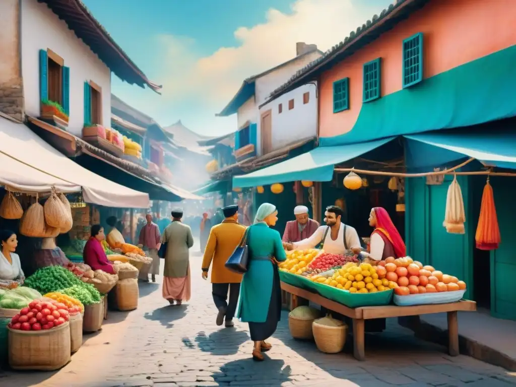 Mercado vibrante con vendedores diversos y conversaciones animadas Pintura acuarela vibrante de un bullicioso mercado con vendedores y personas de diferentes dialectos