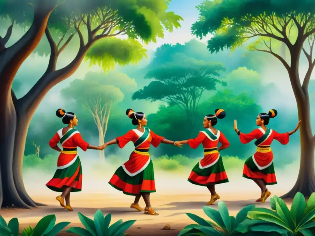 Una pintura acuarela vibrante de danza tradicional de la cultura Mayo bajo un ceiba