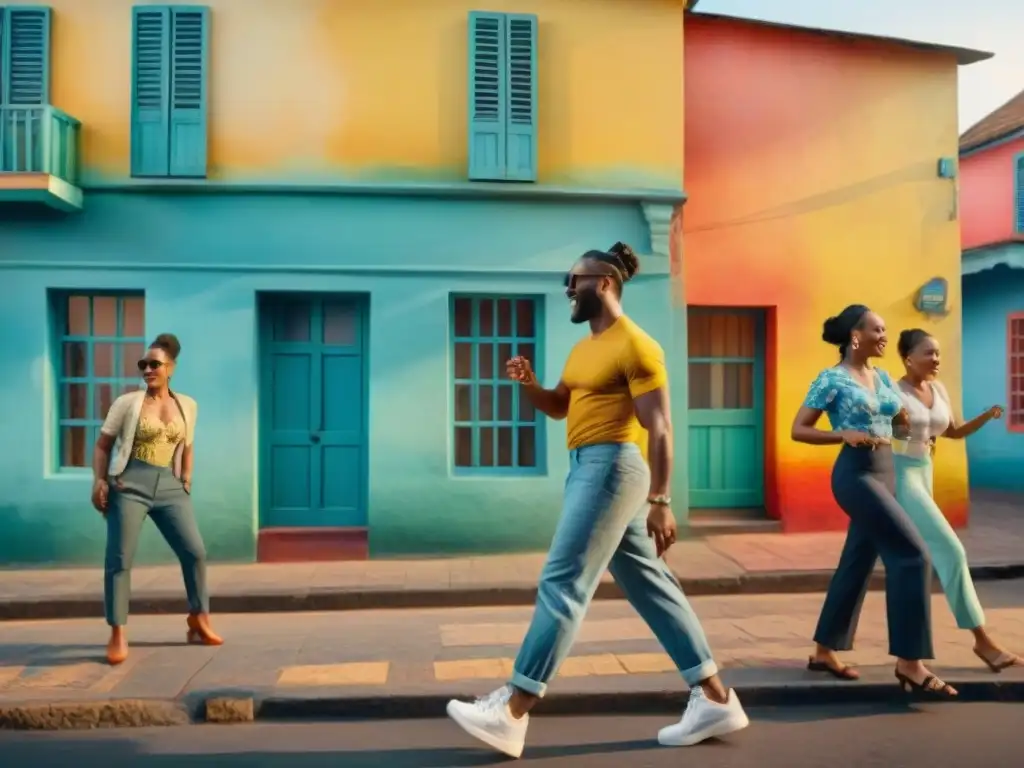 Pintura acuarela vibrante de escena callejera en Jamaica, gente bailando reggae