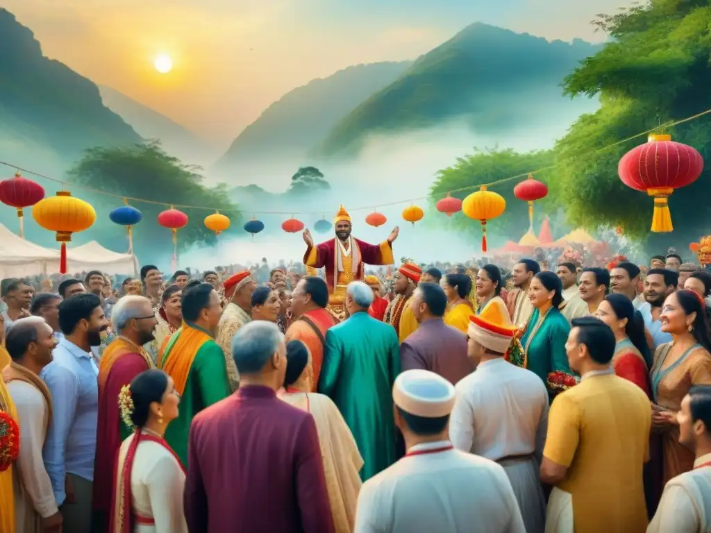 Colorida celebración multicultural en festival tradicional Una pintura acuarela vibrante de un festival multicultural, celebrando la diversidad y manteniendo vivas las culturas minoritarias