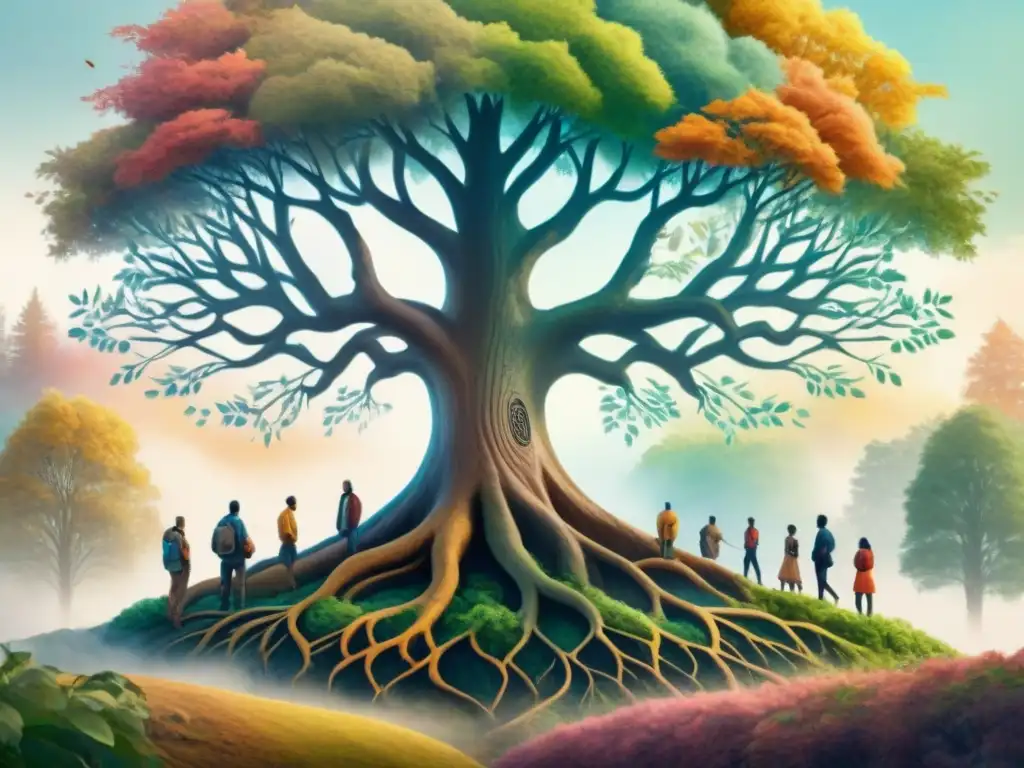 Una pintura acuarela vibrante de identidades culturales y lenguas en la diáspora, unidas alrededor de un árbol colorido