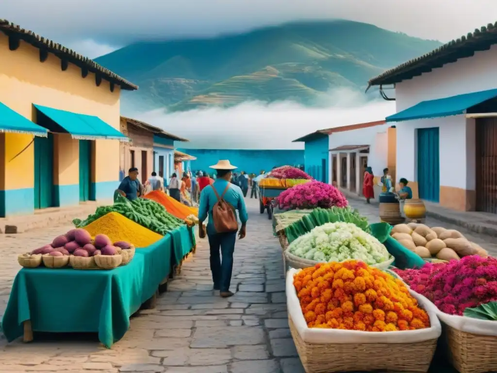 Pintura acuarela vibrante de un mercado bullicioso en Oaxaca, México, inmersión español zapoteco