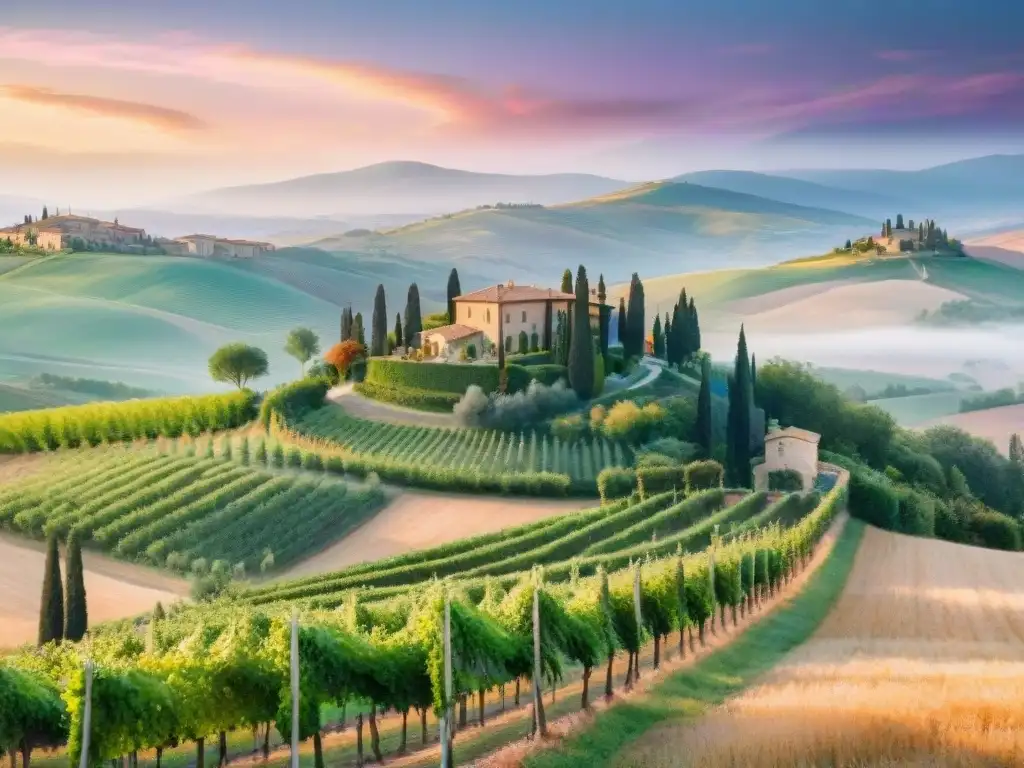 Pintura acuarela vibrante de paisaje toscano al atardecer