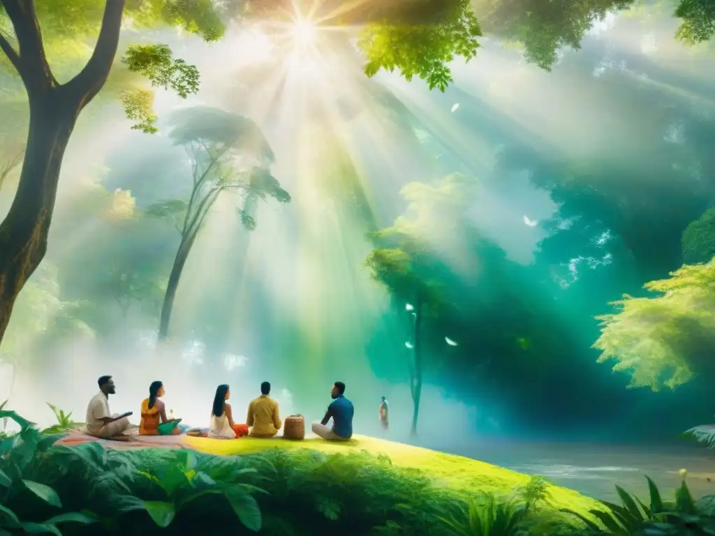 Conversaciones multiculturales en un bosque de lenguas Una pintura acuarela vibrante de personas diversas conversando entre sí, rodeadas por símbolos de lenguas en peligro