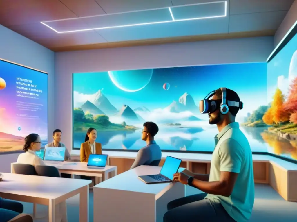 Plataformas digitales para aprender idiomas: Ilustración acuarela de aula futurista donde estudiantes usan VR y hologramas