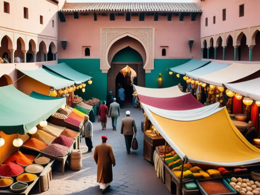 Plataformas para aprender idiomas viajeros: Pintura detallada de un bullicioso mercado en Marrakech al atardecer