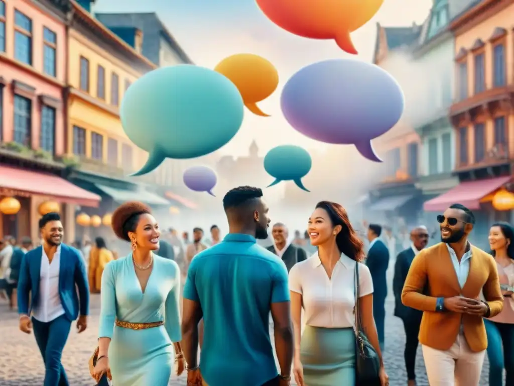 Conversación global en plaza con gente de distintas culturas y lenguajes, ilustrada en acuarela