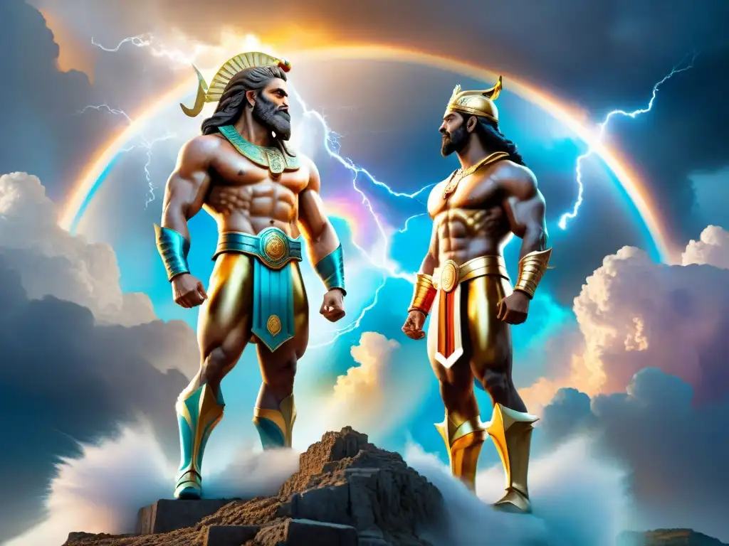 Dos poderosos dioses, Zeus e Indra, en un campo de batalla celestial, fusionando mitologías griega y védica