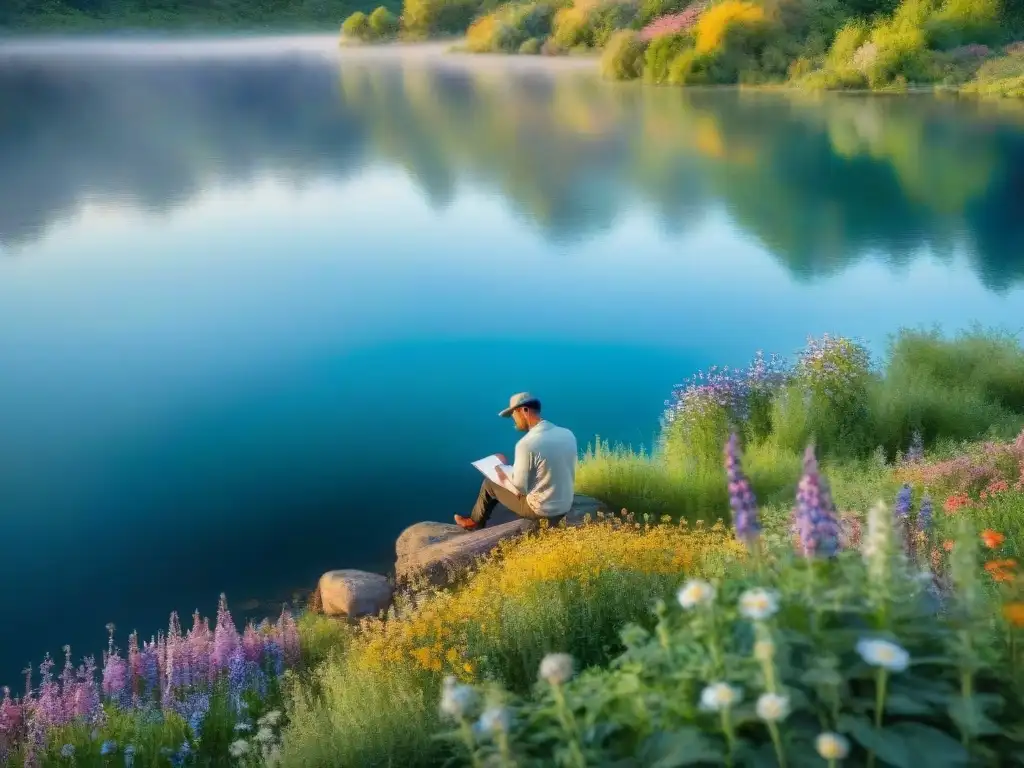 Un poeta reflexivo junto a un lago, rodeado de naturaleza