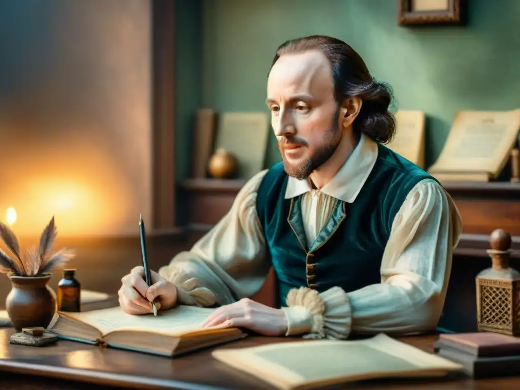 Adaptación poética Sonetos Shakespeare: Detallada ilustración acuarela de William Shakespeare escribiendo un soneto en su escritorio