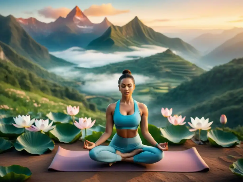 Practicante de yoga en la montaña con flores de loto, beneficios práctica yoga sánscrito