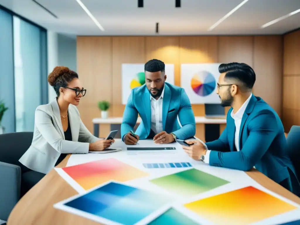 Profesionales diversos en sesión de lluvia de ideas, exudando creatividad y trabajo en equipo