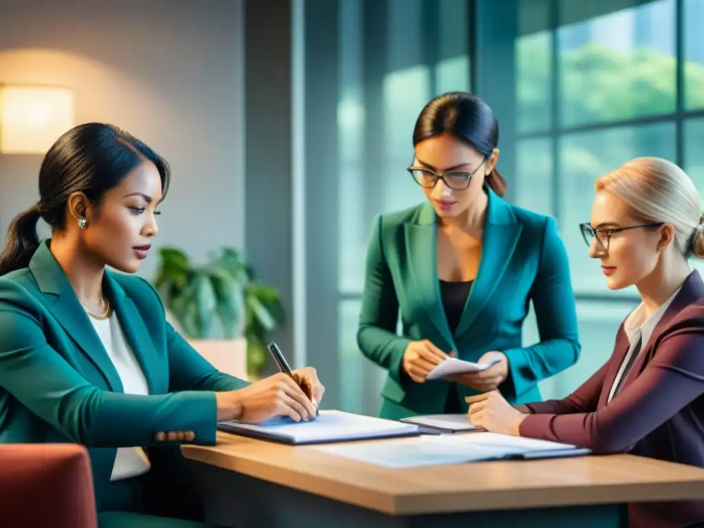 Profesionales realizando evaluación de competencias lingüísticas APTIS en acuarela detallada