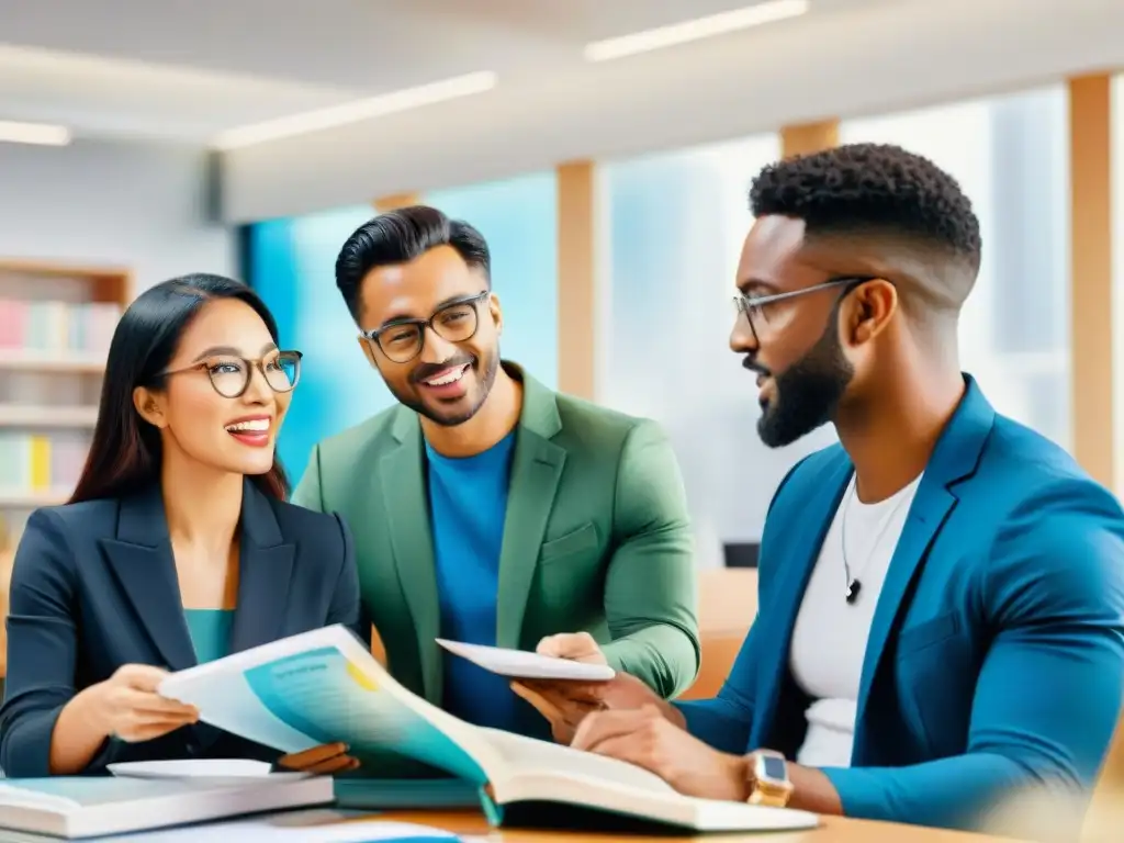 Profesionales multiculturales conversan en una oficina moderna, rodeados de libros de idiomas