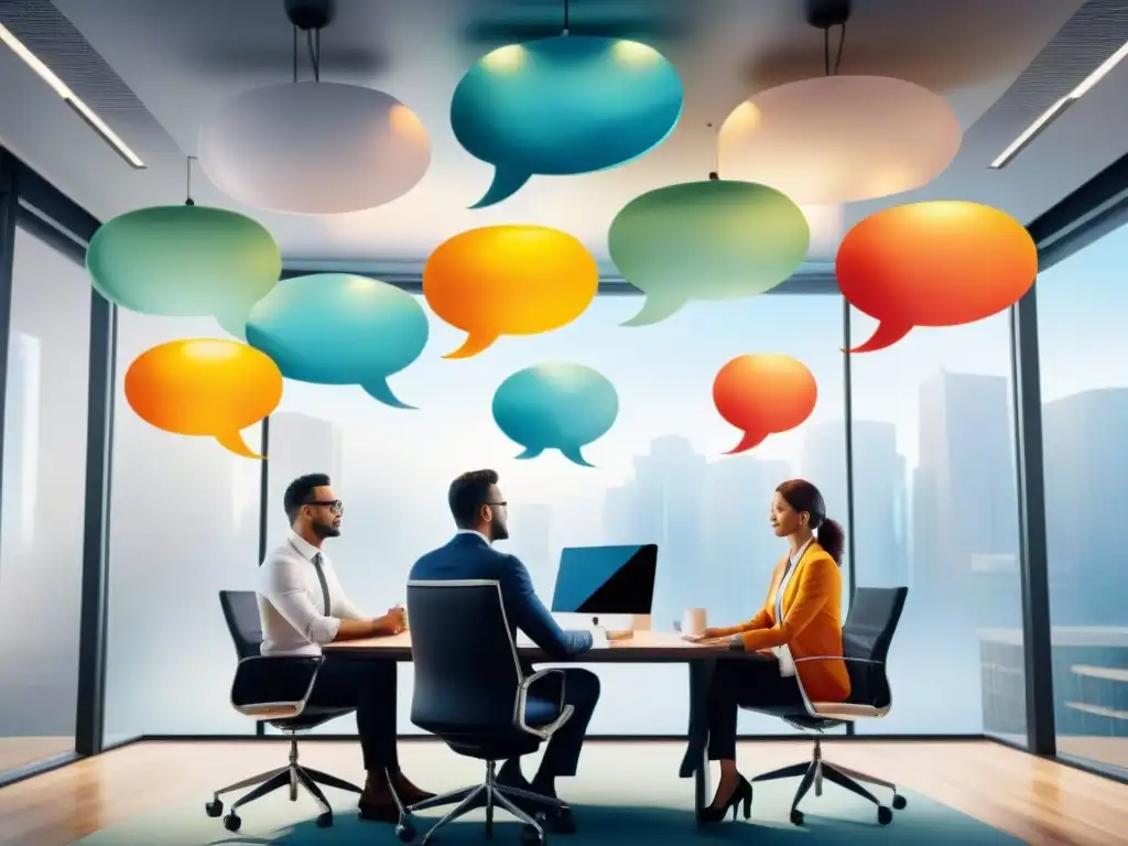 Profesionales multilingües colaborando en oficina moderna, reflejando beneficios del multilingüismo en el trabajo