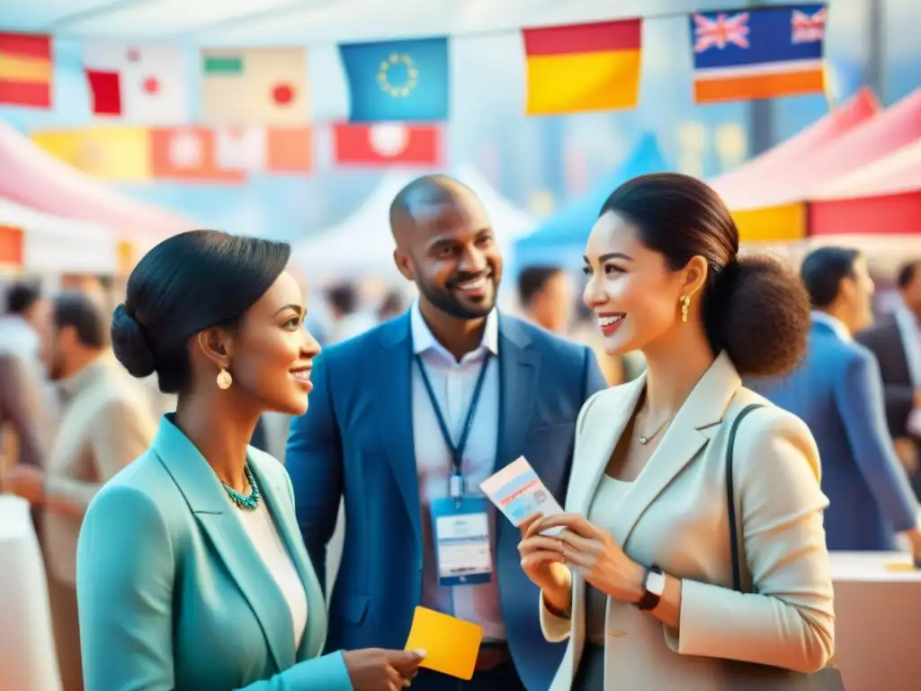 Profesionales de negocios en feria internacional, intercambiando tarjetas y colaborando