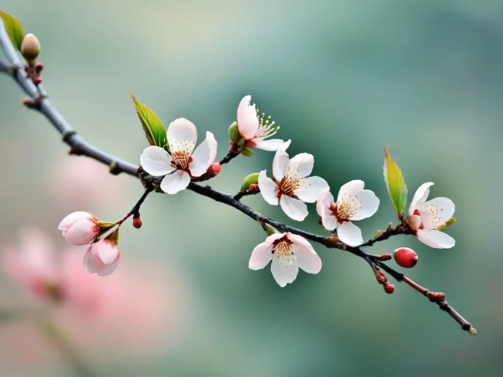 Ramas de cerezo y ciruelo coreano entrelazadas, simbolizando palabras similares japonés coreano en acuarela delicada