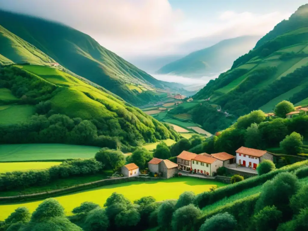 Un remoto pueblo vasco entre montañas verdes, arquitectura tradicional y lugareños hablando en euskera, capturando aislamiento y riqueza lingüística