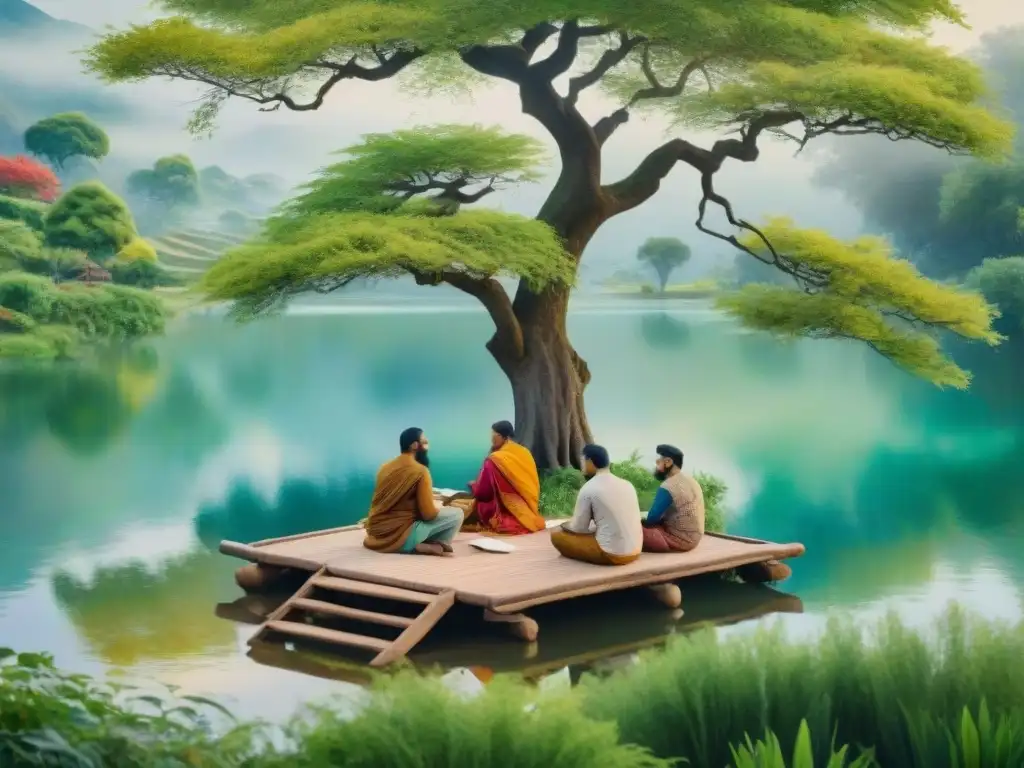 Poetas multiculturales inspirados en lenguas minoritarias Un retrato acuarela detallado de poetas de diversas culturas escribiendo en lenguas minoritarias junto a un lago sereno y frondoso