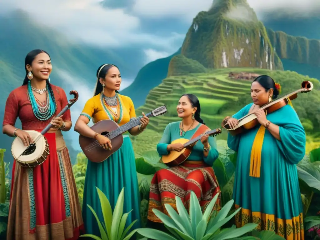 Un retrato acuarela de músicos indígenas tocando instrumentos tradicionales y cantando en lenguas amenazadas, rodeados de una exuberante naturaleza