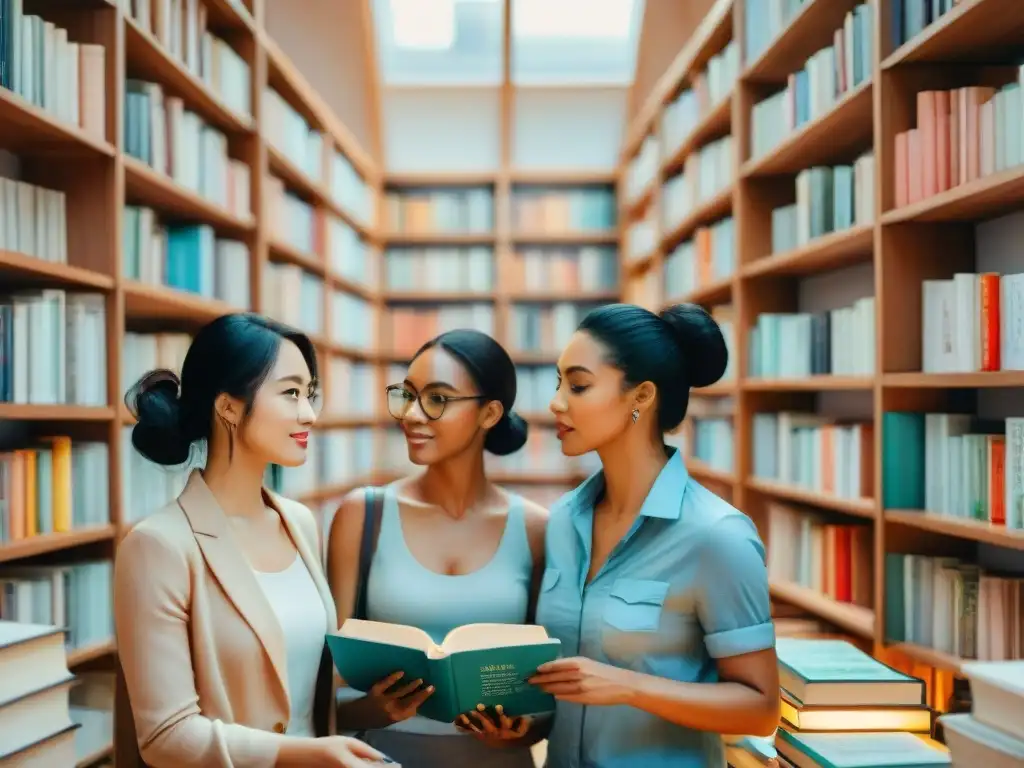 Un retrato acuarela de traductores freelance inmersos en su trabajo, rodeados de libros en varios idiomas, simbolizando la eficiencia y creatividad de la traducción