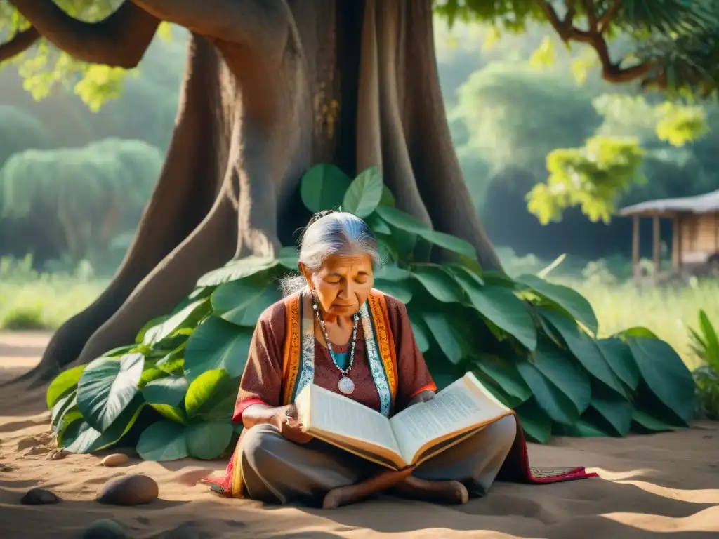 Retrato acuarela de anciana indígena leyendo un antiguo libro bajo árbol, representa supervivencia lingüística en el siglo