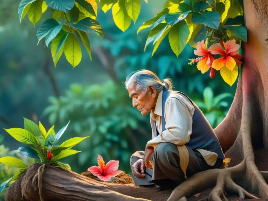 Retrato sereno de un anciano purépecha bajo un ahuehuete, rodeado de mariposas y hibiscos, reflejando la resiliencia del idioma purépecha