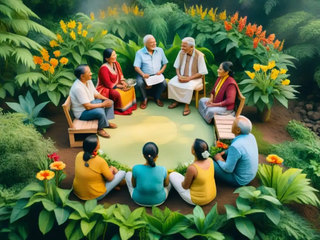 Diálogo ancestral: preservando lenguas indígenas en acuarela Reunión de ancianos y niños indígenas preservando lenguas en peligro entre naturaleza exuberante