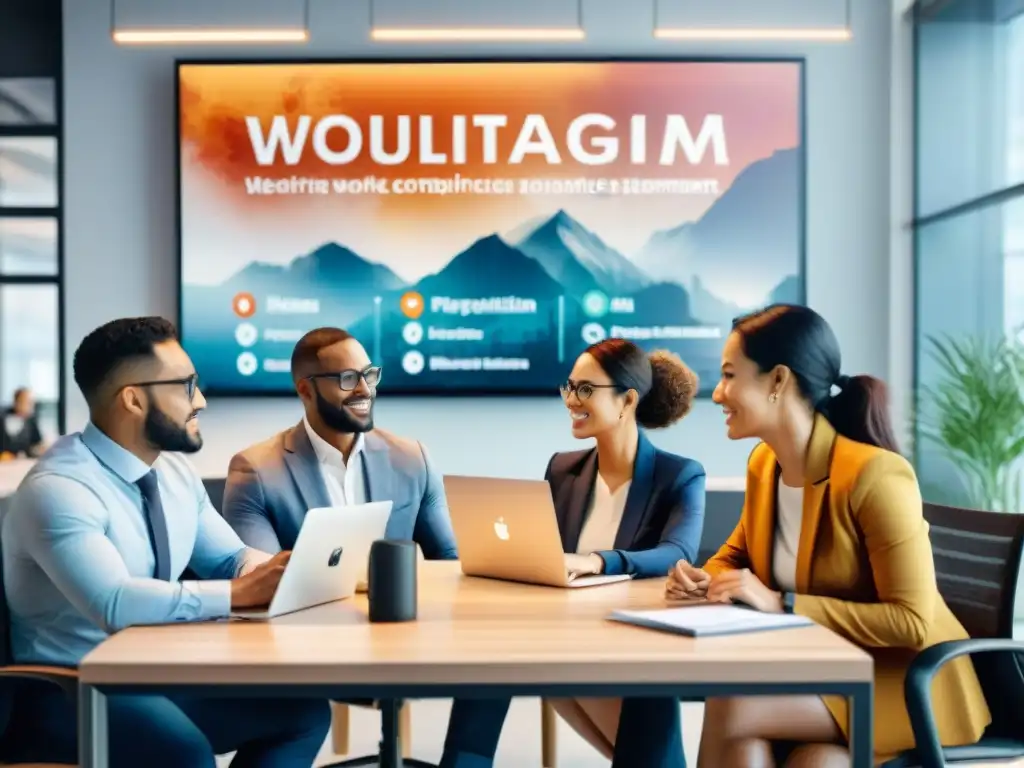 Reunión colaborativa de profesionales diversos en oficina moderna