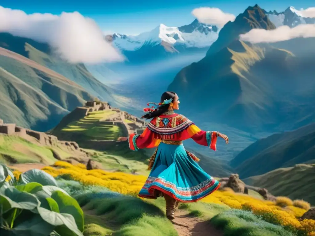 Revitalización cultural a través de la cumbia: escena de danza tradicional en paisaje andino con vestimenta Quechua colorida