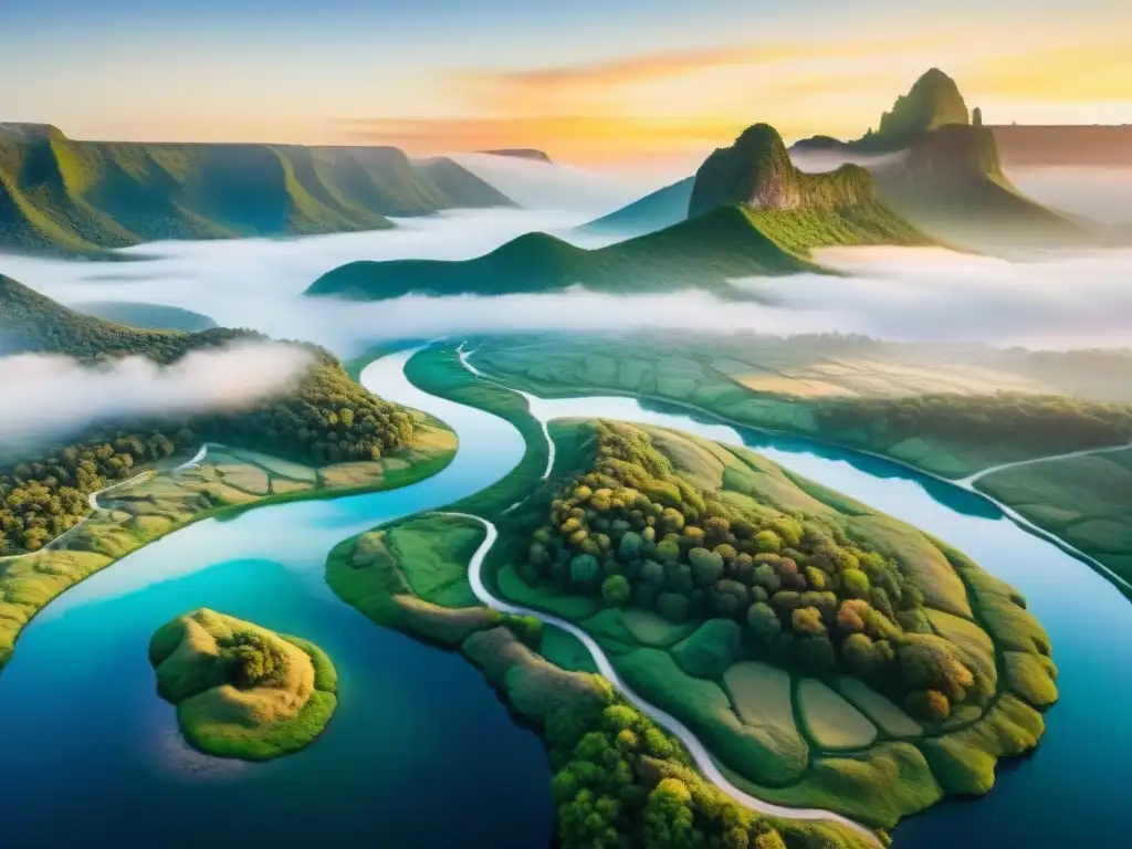 Revitalización digital de idiomas en riesgo: paisaje acuarela vibrante con arroyos de colores y saber digital al amanecer